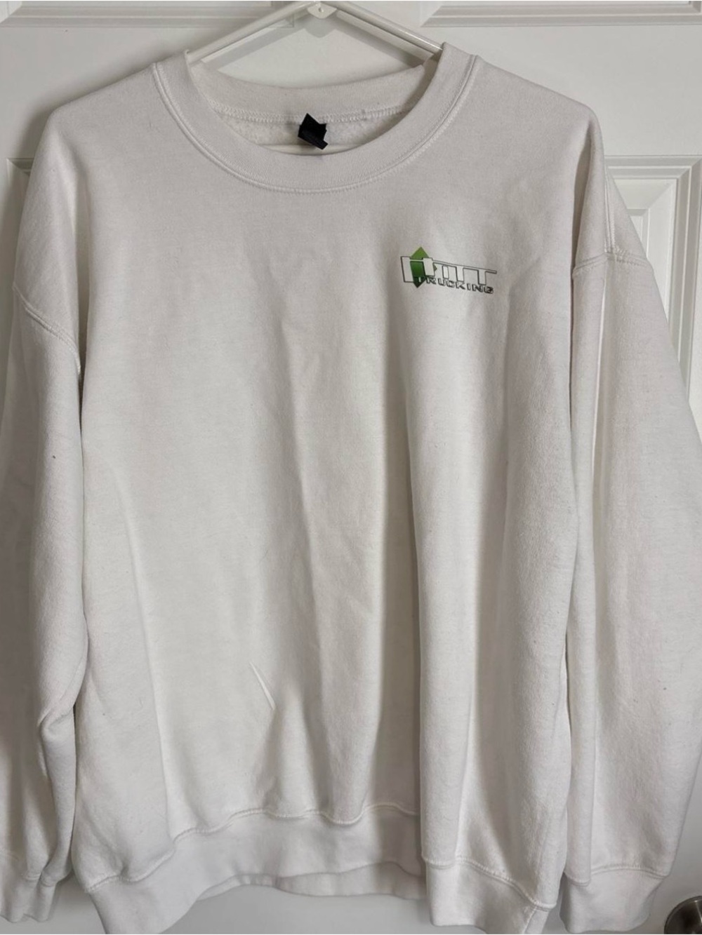 Gildan White Crewneck Sweatshirt with Small Green Logo